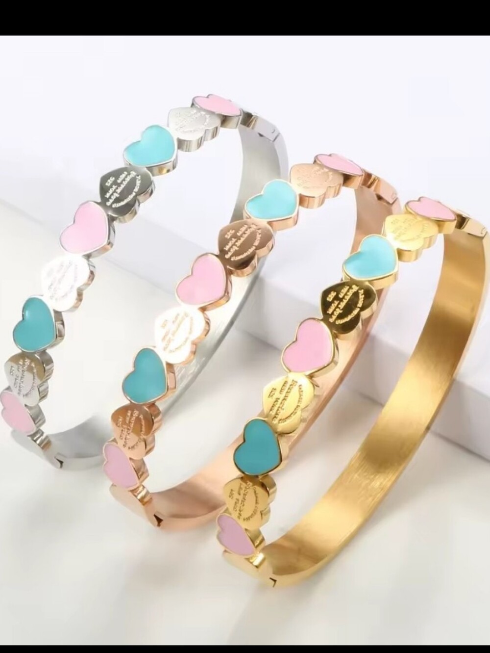 Heart Accent Stainless Steel Bangle Bracelet - Pink & Turquoise